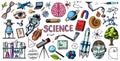 Science banner. Engraved hand drawn in old sketch and vintage style. Astronaut and rocket. Scientific formulas and Royalty Free Stock Photo