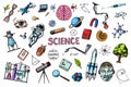 Science banner. Engraved hand drawn in old sketch and vintage style. Astronaut and rocket. Scientific formulas and Royalty Free Stock Photo