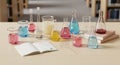 Science Beakers flat lay in library pastel minimal Royalty Free Stock Photo