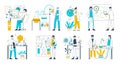 Science biology lab, chemists, scientists characters researching work. Scientists scientific lab experiment vector symbols