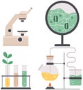 Science, biotechnology and chemistry lab icons set. Items and equipment for experiments with plants