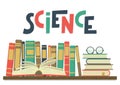 Science. Books on shelf with open book, glasses and lettering Royalty Free Stock Photo