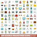 100 science brainstorm icons set, flat style