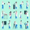 Science characters. Lab people, chemical scientist researchers in lab coats, chemistry clinic laboratory workers