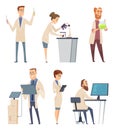 Science characters. Pharmacist modern biologist technician instructor working at laboratory research vector people