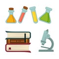Science chemistry book or beakers and biology microscope vector flat icons set