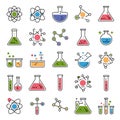 Science and chemistry lab equipment, molecules, and atom icons Royalty Free Stock Photo