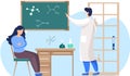 Science teacher professor standing near chalkboard teaching girl student in classroom at school Royalty Free Stock Photo