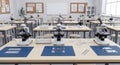Science classroom with microscopes and desks Royalty Free Stock Photo