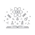 Science concept knowledge base - open book with chemical and physical elements of energy, dna, microscope, atoms