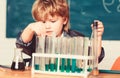 Science concept. Wunderkind experimenting with chemistry. Boy test tubes colorful liquids chemistry school classroom Royalty Free Stock Photo