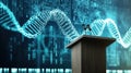 Science conference podium with DNA helix background and digital data visualization Royalty Free Stock Photo