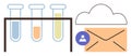 Science Communication Concept with Test Tubes, Cloud Storage, and Digital Mail Elements Royalty Free Stock Photo