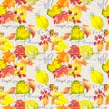 Science design - mathematical text and yellow autumn leaves. Seamless education pattern. Handwritten text, watercolor