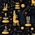 Science and Discovery Seamless Pattern with Microscopes and Botanical Elements, Dark Theme Royalty Free Stock Photo