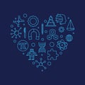 Science Education heart shaped blue thin line banner. I Love Science line illustration