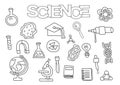 Science elements hand drawn set. Coloring book template. Outline doodle