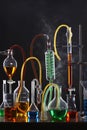Science equipment including test tubes and flasks