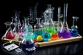 science experiment, with beakers, test tubes and other equipment visible Royalty Free Stock Photo