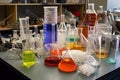science experiment, with beakers, test tubes and other equipment visible Royalty Free Stock Photo