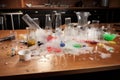 science experiment gone wrong, with beakers and test tubes strewn across the bench top Royalty Free Stock Photo