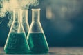 Science Experiment Green Liquid in Erlenmeyer Flasks Smoke Lab Royalty Free Stock Photo