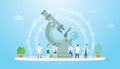 Science experiment research concept with big microscope and team people of laboratory doctor - vector Royalty Free Stock Photo