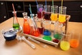 science experiment, with test tubes and flasks, ingredients and tools visible