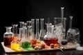 science experiment, with test tubes and flasks, ingredients and tools visible