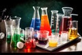 science experiment, with test tubes and flasks, ingredients and tools visible