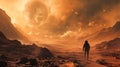 Science fiction alien space landscape, human stands on Mars surface and watching the Earth in the sky, AI generated
