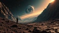 Science fiction alien space landscape, human stands on Mars surface and watching the Earth in the sky, AI generated