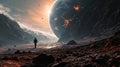 Science fiction alien space landscape, human stands on Mars surface and watching the Earth in the sky, AI generated