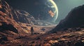 Science fiction alien space landscape, human stands on Mars surface and watching the Earth in the sky, AI generated