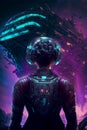 Science Fiction Astronaut Woman in Helmet Standing in front of a Spaceship, Sci-Fi Cyberpunk Futuristic Illustration Illustration