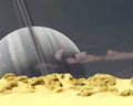 Science fiction background illustration of a desert planet with floating clouds and a large gaseous planet with a planetary ring