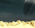 Science fiction background illustration of a desert planet with a large gaseous planet in the background