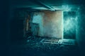 A science fiction concept. Of a door turned into a glowing energy portal n a decaying room in an abandoned ruined house. With