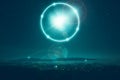 A science fiction concept of a glowing portal floating above the countryside. On a misty spooky winters night