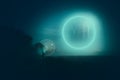 A science fiction concept of a glowing portal. With a mysterious figure on a misty spooky landscape at night