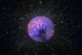 A science fiction concept of a mans hand, appearing out of a fluctuating energy portal. With stars and galaxies flying out