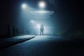 A science fiction concept. A mysterious figure standing in the middle of a road. On a foggy winters night. With bright UFOs