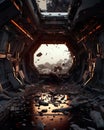 science fiction fantasy with this background featuring a destroyed SF hallway.