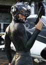 Science Fiction female pilot posing ,wearing helmet and uniform returning from a mission with space ship in background.