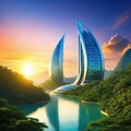 science fiction futuristic sunset over the modern organic architecture exotic fantasy fictional architecture created with