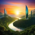 science fiction futuristic sunset over the modern organic architecture exotic fantasy fictional architecture created with
