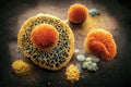 Science fiction illustration of bacteria, viruses and protozoa under microscope. Fantasy digital art, ai artwork