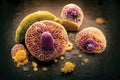 Science fiction illustration of bacteria, viruses and protozoa under microscope. Fantasy digital art, ai artwork