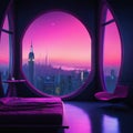 science fiction lonely cyberpunk sits alone in a room and looks at the futuristic city through a round fictional created with