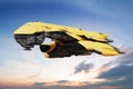 Science fiction scene of a futuristic ship flying through the atmosphere. Royalty Free Stock Photo